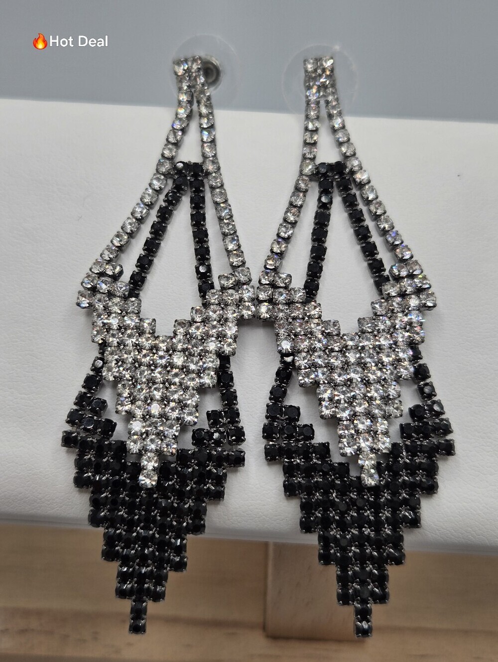 Black & Clear Rhinestone Chandelier Earrings Statement Evening Glam 3"
